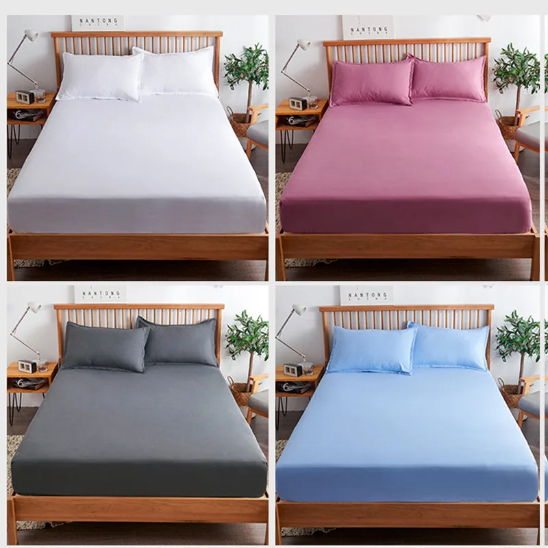 100% Cotton Fitted Bed Sheet with Elastic Band Solid Color Anti-slip Adjustable Mattress Cover for Single Double King Queen Bed