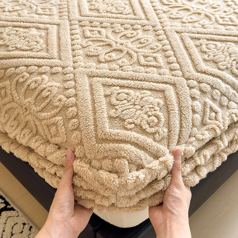Jacauard Thick Warm Coral Plush Mattress Cover High Qulaity Abti-Slip Breathable Fitted Bed Sheet Single Double Queen King Size