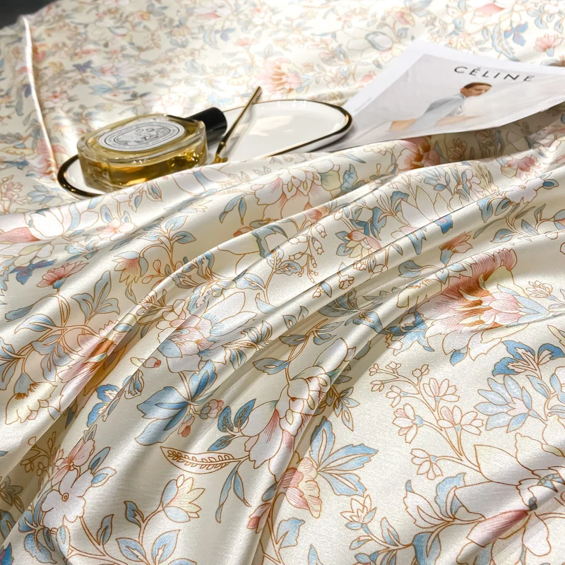 Luxury Floral Silk Bedding Set with Duvet Cover Fitted & Flat Bed Sheet Pillowcase Silky Smooth Bed Sheet Sets Twin Full Queen