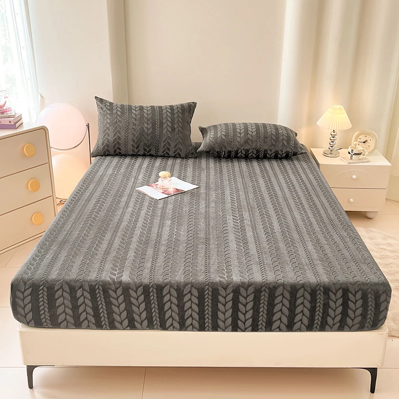 WASART Winter coral fleece jacquard fitted sheet elastic mattress protector cover warm fluffy plush bed linens 150x200 king size