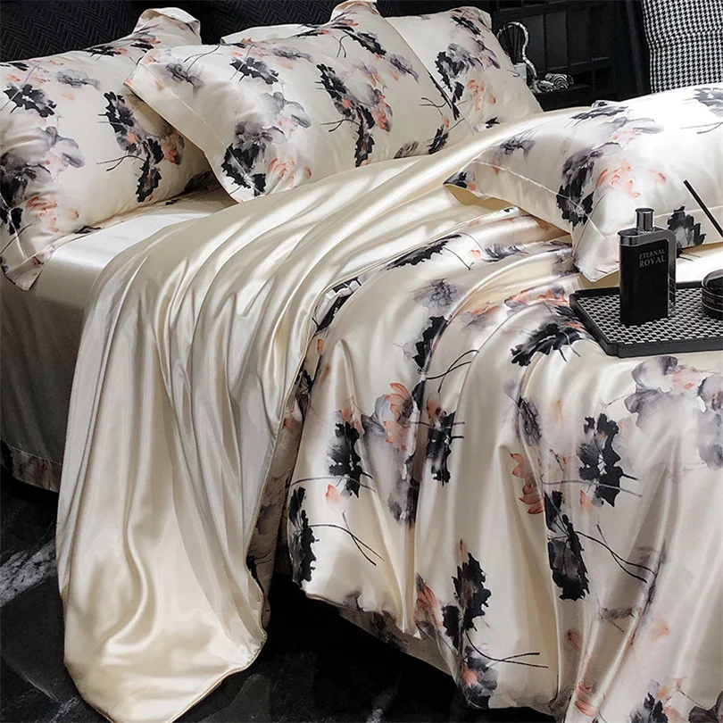 Home Silk Duvet Cover Set with Bed Sheet Pillowcase 4 Piece Natural Silk Bedding Sets Soft Smooth Comforter Covers with Zipper