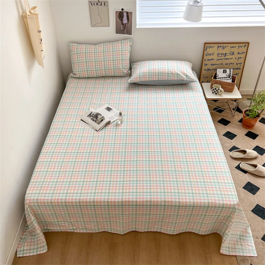 100% Pure Cotton Bedsheet 1pc Flat Sheets Nordic Grid Pattern Bed Sheet Soft Comfort Home Textile Without Pillowcase Multi-Size