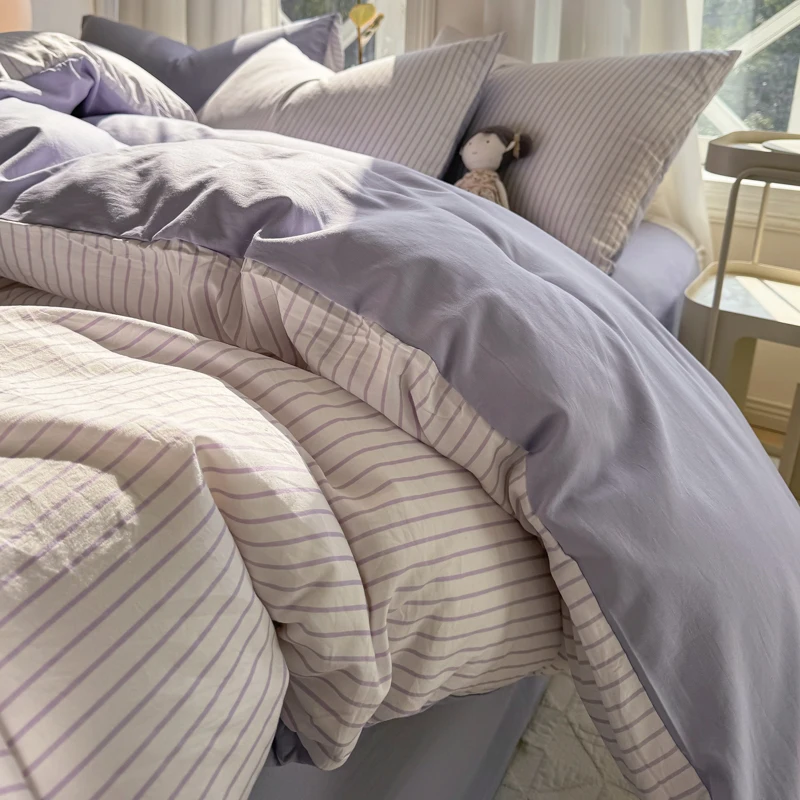 Simple Striped Washed Cotton Duvet Cover Set 3/4 Pieces Bedding Set with Quilt Cover Bed Sheet Sets Pillowcase Soft Breathable