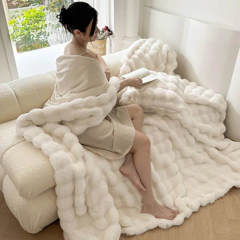 WASART Faux fur plush throw blanket warm winter soft fluffy blankets for bed luxury plaid couch cover for sofa pillow case gift