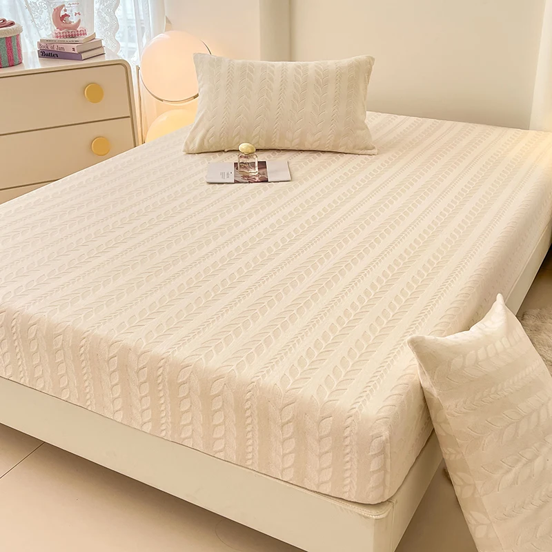 WASART Winter coral fleece jacquard fitted sheet elastic mattress protector cover warm fluffy plush bed linens 150x200 king size