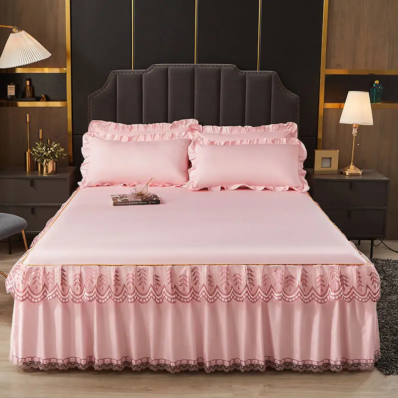 WASART Luxury lace bed skirt summer bedspread solid satin rayon bed linen couple bedding single double queen king size bed sheet