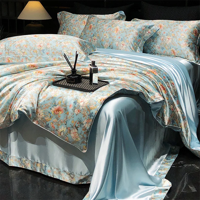 Home Silk Duvet Cover Set with Bed Sheet Pillowcase 4 Piece Natural Silk Bedding Sets Soft Smooth Comforter Covers with Zipper