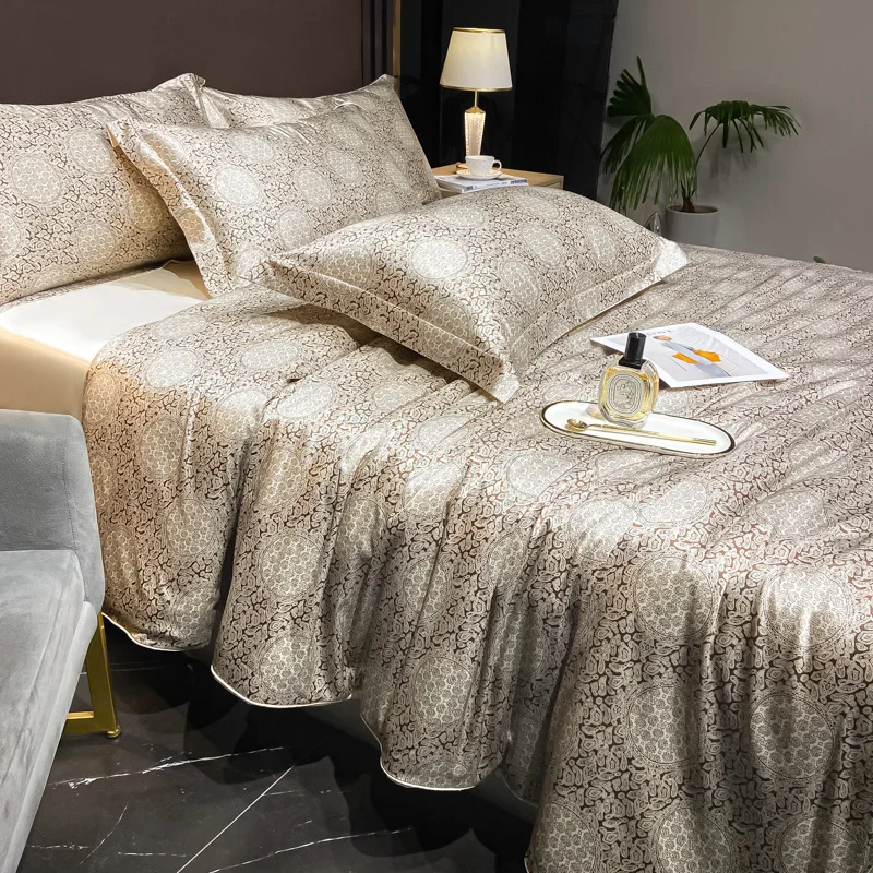 Home Silk Duvet Cover Set with Bed Sheet Pillowcase 4 Piece Natural Silk Bedding Sets Soft Smooth Comforter Covers with Zipper