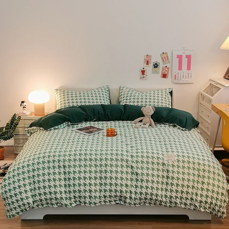 Pure Cotton Home Textile Plaid Pattern Bedding Set Simple Soft Duvet Cover Flat/Fitted Sheets Pillowcases Bed Linens Queen King