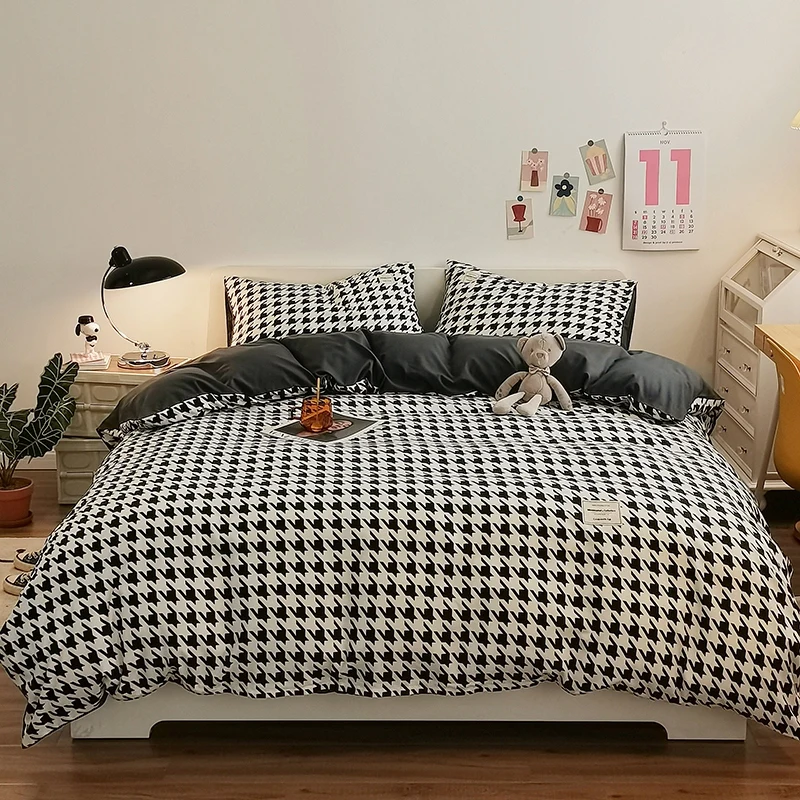 Pure Cotton Home Textile Plaid Style Bedding Set Simple Soft Duvet Cover Sheet Pillowcases Ins Style Bed Linens Queen King Size