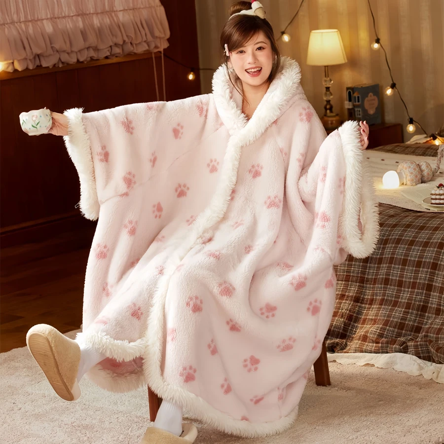 WASART Winter warm plush blanket with sleeves hooded sweater boho style wearable oversized outdoor fluffy fleece hoodie blanket