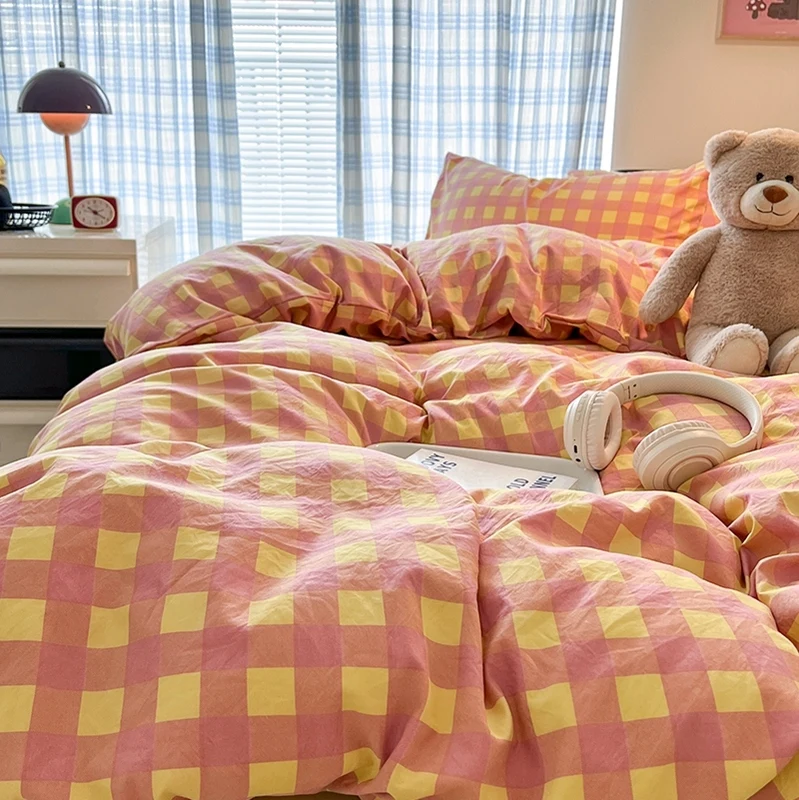 100% Cotton Soft Bedding Set Plaid Pattern Duvet Cover with Pillow Case Flatsheet Bedclothes Bedspread Pillowcases Comforter Set