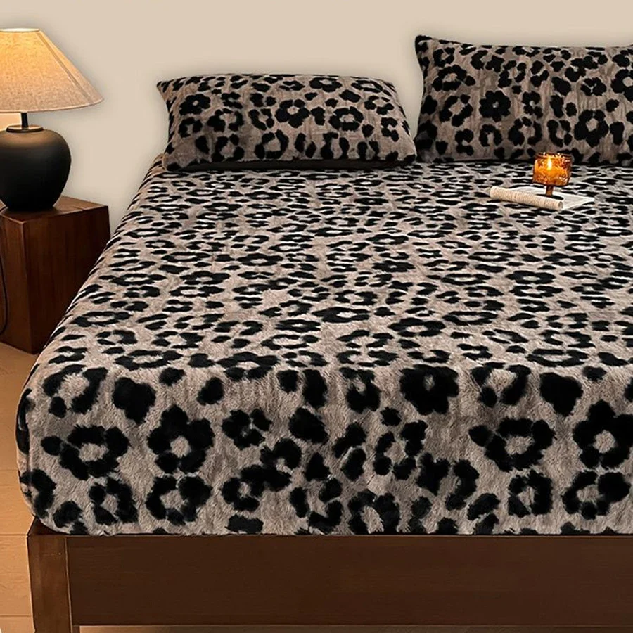 WASART Fluffy rabbit plush elastic fitted sheet mattress protector cover leopard print winter warm coral fleece bedsheet 90/150