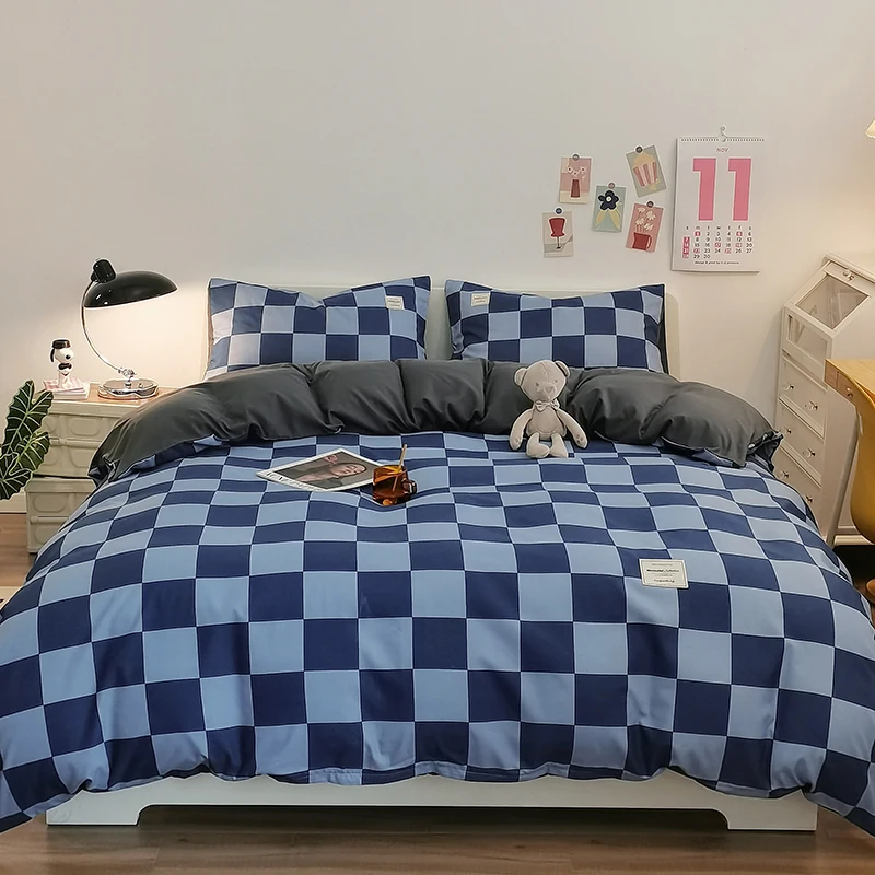 Pure Cotton Home Textile Plaid Style Bedding Set Simple Soft Duvet Cover Sheet Pillowcases Ins Style Bed Linens Queen King Size