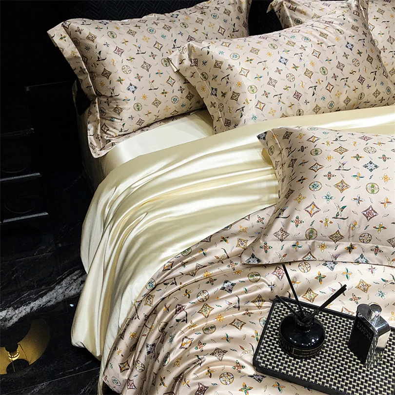 Home Silk Duvet Cover Set with Bed Sheet Pillowcase 4 Piece Natural Silk Bedding Sets Soft Smooth Comforter Covers with Zipper