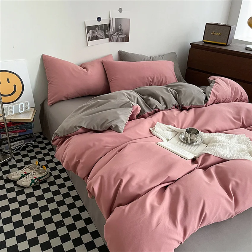 Ins Style Bedding Set Washed Cotton Duvet Cover Pillowcase Solid Color Soft Comforer Quilt Cover Bedspreads Bed Linen Flat Sheet