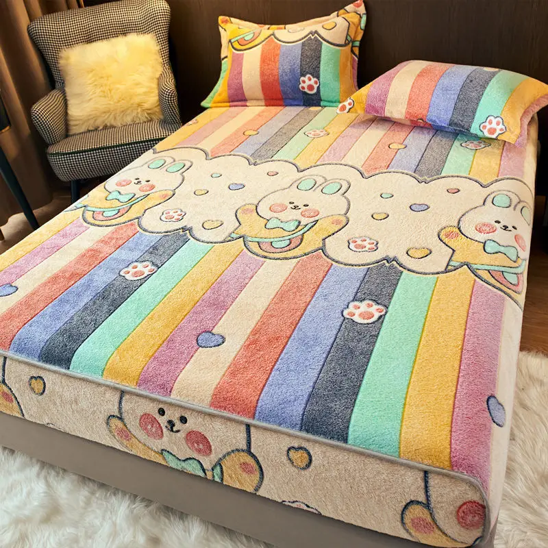 WOSTAR Winter thermal velvet fleece fitted sheet elastic mattress protector cover double bed couple fluffy flannel bed linen 150