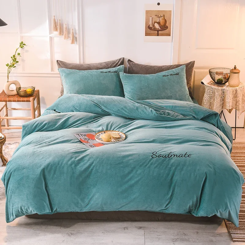 WASART Winter Warm Milk Fleece Duvet Cover 4PC Bedding Set Super King Size 220x240 Solid Embroidery Couple Luxury Home Textiles