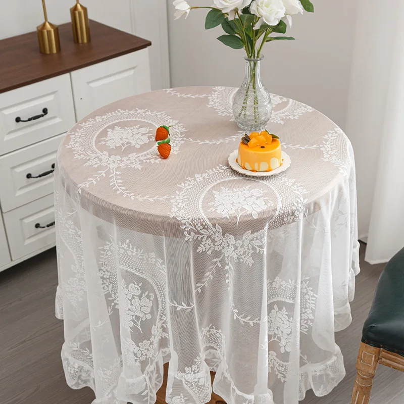 Battilo White Round Lace Tablecloth Floral Embroidered Table Cloth for Dinning Table Rectangular Table Cover for Wedding Party