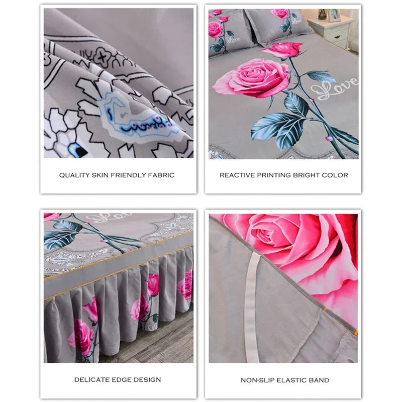 WASART Pink rose flower printed bed skirt couple wedding bedspread 150/180 bed linens 2 people luxury double bed sheet king size