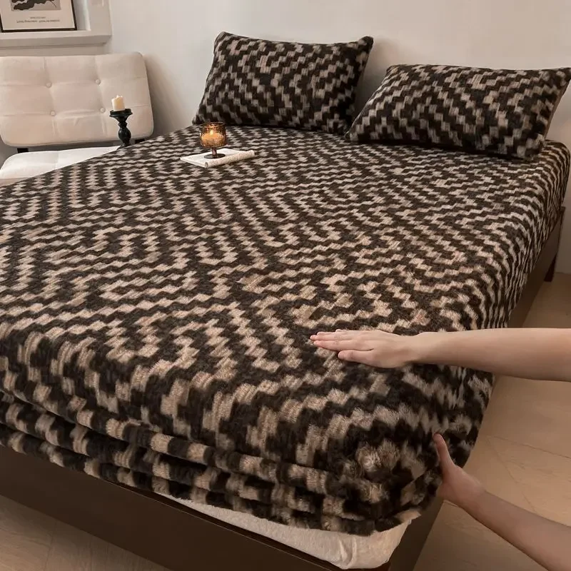 WASART Fluffy rabbit plush elastic fitted sheet mattress protector cover leopard print winter warm coral fleece bedsheet 90/150