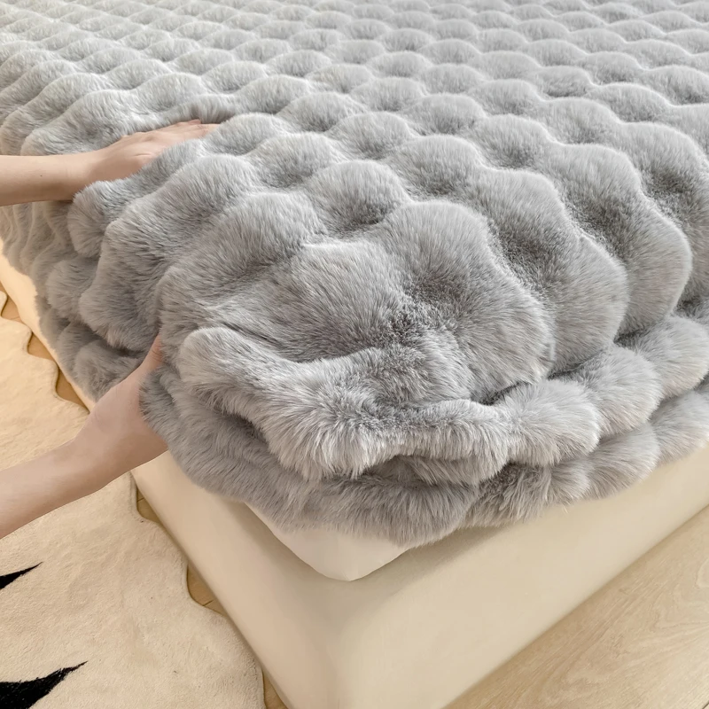 WASART Warm Winter Plush Fitted Sheet Elastic Mattress Protector Cover Fluffy Bubble Coral Fleece Bed Linens 180x200 King Size