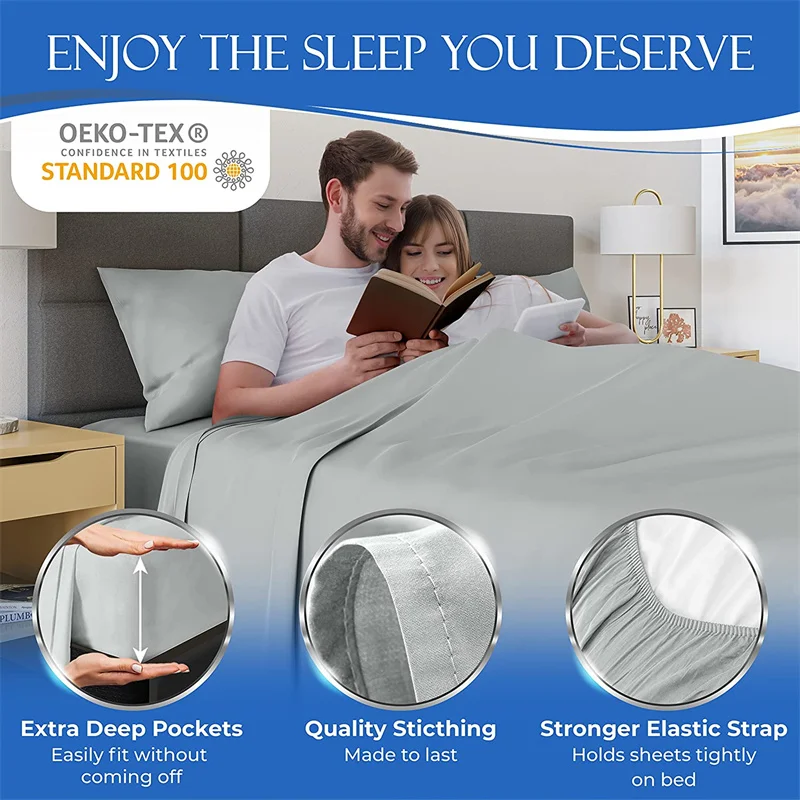 Luxury 100% Bamboo Bed Sheet Set with Fitted Sheets Flat Bedsheet Pillowcase Double Queen King Size Bedding Sets Smooth Silky